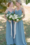A-line Spaghetti Straps Pleated Dusty Blue Long Bridesmaid Dress