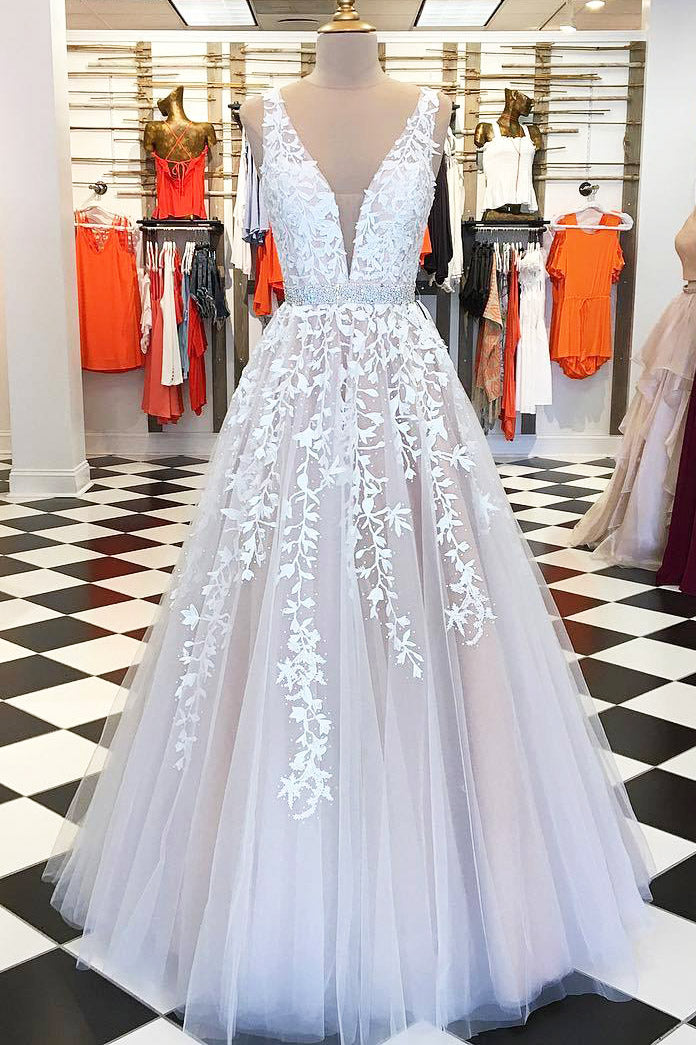 Princess White Lace V-Neck Tulle Prom Dress with Sash – FancyVestido