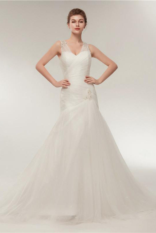 Princess Long Lace-Up Mermaid Ivory Wedding Dress with Beads