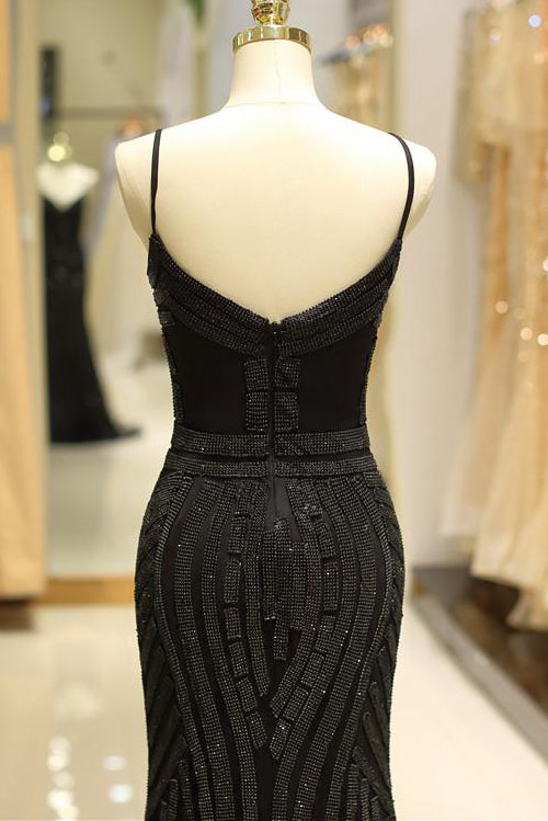 Geometric Beaded Black V-Neck Floor Length Evening Gown