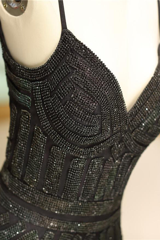 Geometric Beaded Black V-Neck Floor Length Evening Gown