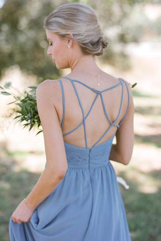 A-line Spaghetti Straps Pleated Dusty Blue Long Bridesmaid Dress