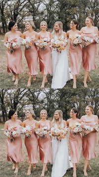 Spaghetti Straps Cowl Neck Tea-Length Champagne Bridesmaid Dress