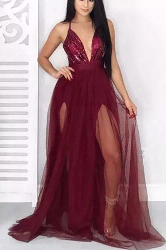 Plunging Neck Burgundy Prom Dress with Criss Back