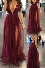 Plunging Neck Burgundy Prom Dress with Criss Back