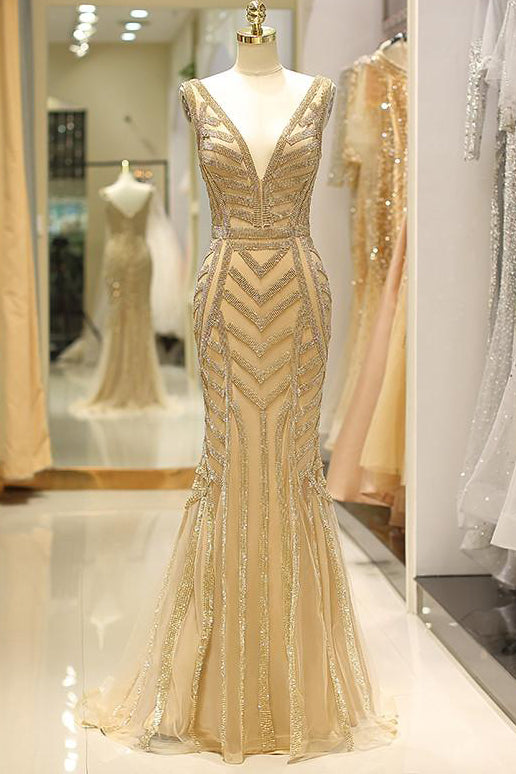 Glamorous V-Neck Short Sleeves Beading Flower Mermaid Floor-Length Prom Dresses