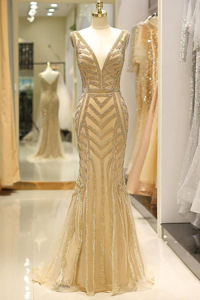 Gold Geometric Sequin Pattern V-Neck Mermaid Evening Gown