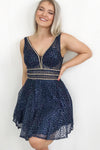 Sparkle Fit and Flare Navy Blue Homecoming Dress