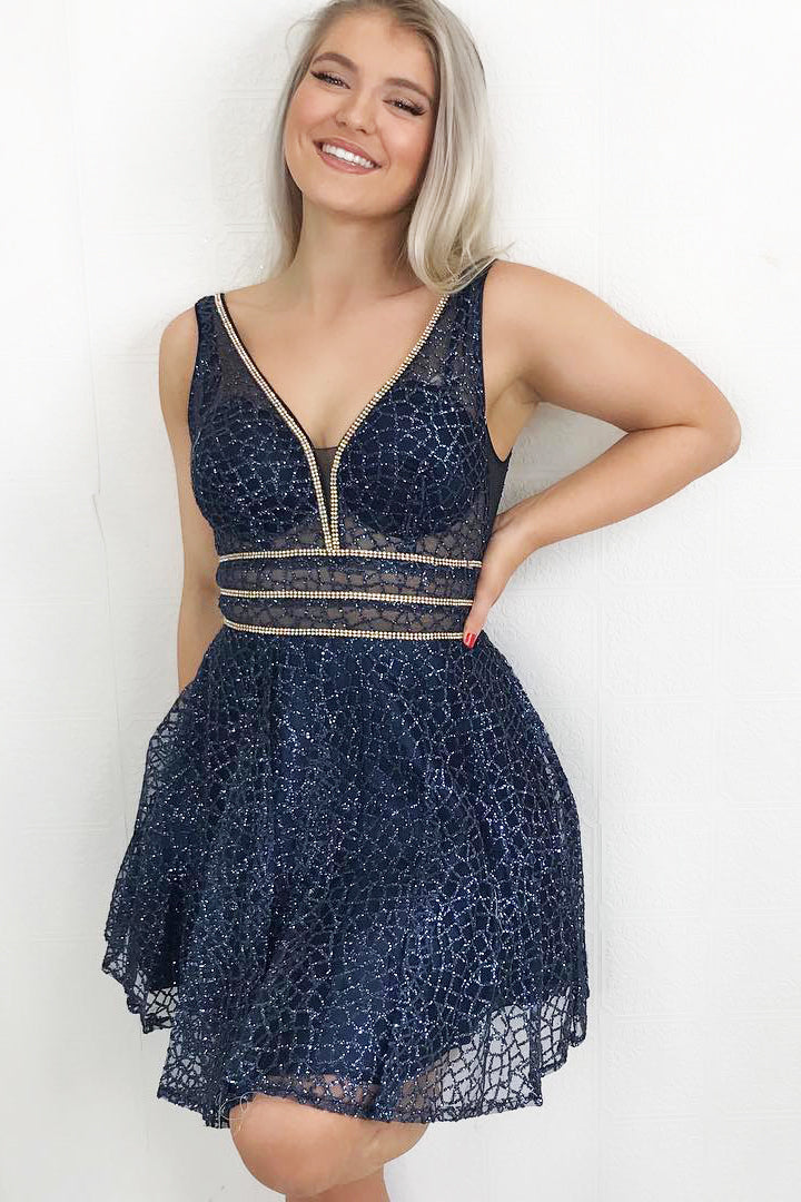 Sparkle Fit and Flare Navy Blue Homecoming Dress