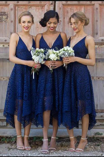 V Neck Navy Blue Lace Tea Length Bridesmaid Dress