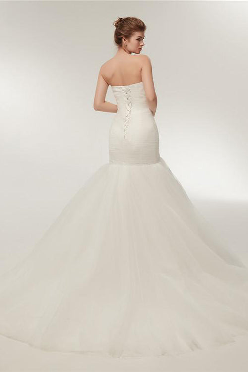 Long Lace-Up Sweetheart Mermaid Ivory Wedding Dress with Train