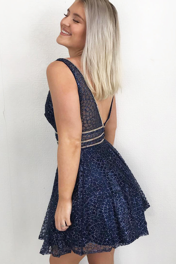 Sparkle Fit and Flare Navy Blue Homecoming Dress FancyVestido Sparkle Fit and Flare Navy Blue Homecoming Dress FancyVestido
