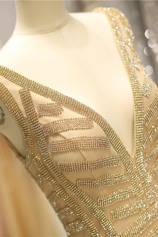 Gold Geometric Sequin Pattern V-Neck Mermaid Evening Gown FancyVestido Gold Geometric Sequin Pattern V-Neck Mermaid Evening Gown FancyVestido