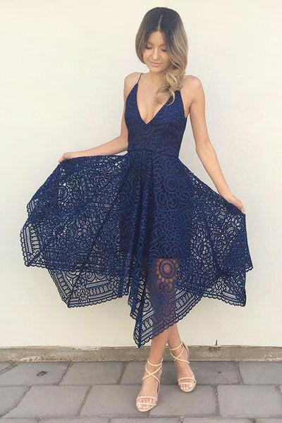 V Neck Navy Blue Lace Tea Length Bridesmaid Dress