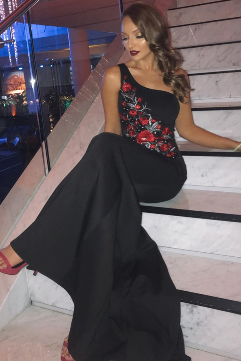 One Shoulder Floral Embroidery Mermaid Black Evening Dress  FancyVestido