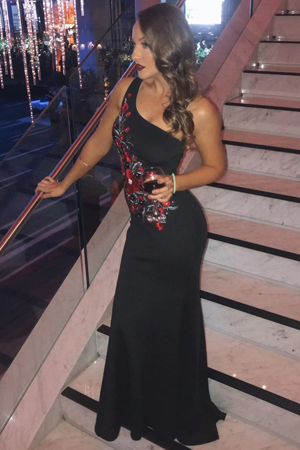 One Shoulder Floral Embroidery Mermaid Black Evening Dress
