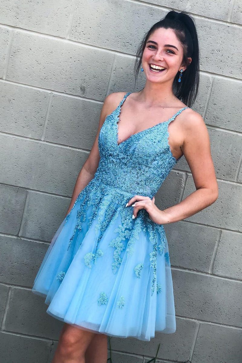 Lace-Up Sky Blue Short Homecoming Dress with Lace Appliques