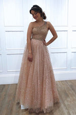 Glitter One Shoulder Princess Champagne Long Prom Dress
