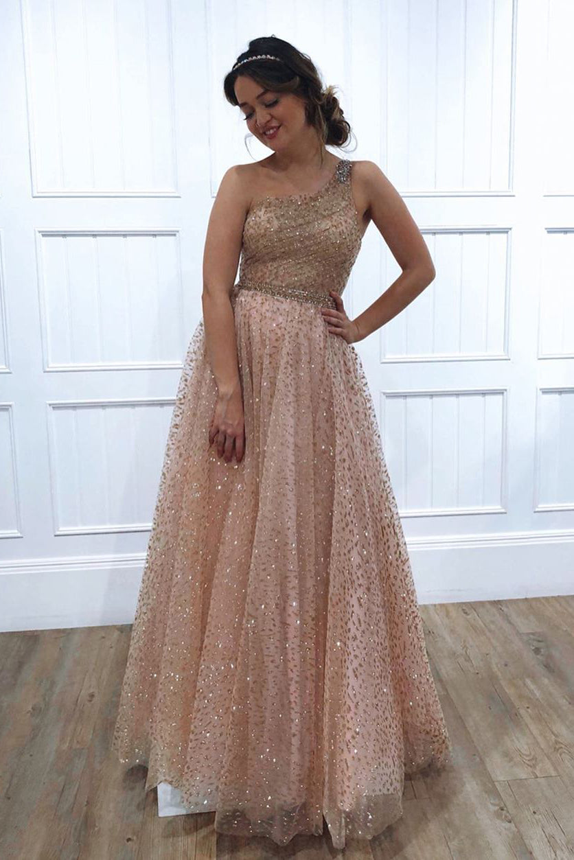 Glitter One Shoulder Princess Champagne Long Prom Dress FancyVestido Glitter One Shoulder Princess Champagne Long Prom Dress FancyVestido