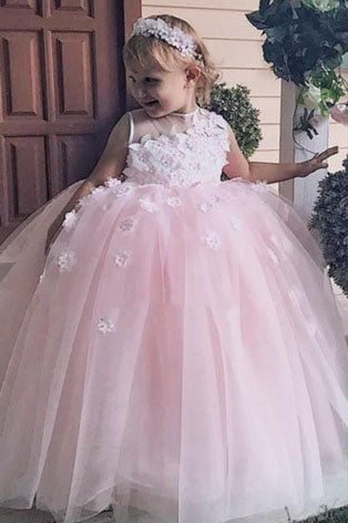 Cute Ball Gown Lace Appliques Pink Flower Girl Dress