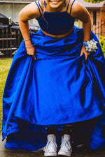 Two Piece Straps Royal Blue Long Prom Dress