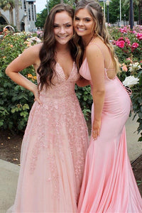 Elegant A-line Long Baby Blue Straps V-Neck Lace Prom Dress