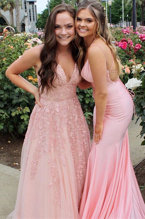 Elegant A-line Long Baby Blue Straps V-Neck Lace Prom Dress