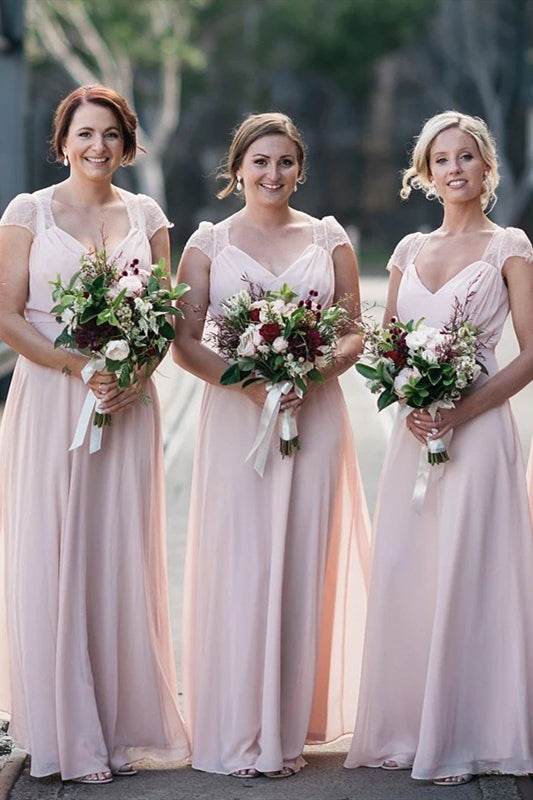 Elegant Long A-line Cap Sleeves Pink Bridesmaid Dress