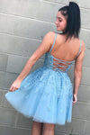 Lace-Up Sky Blue Short Homecoming Dress with Lace Appliques
