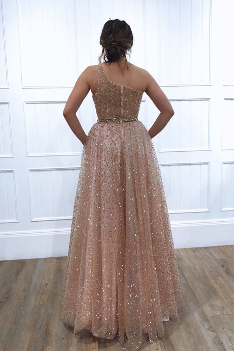 Glitter One Shoulder Princess Champagne Long Prom Dress