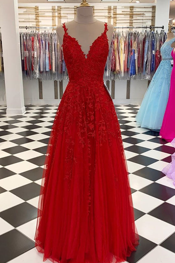 Elegant A-Line Long Baby Blue Straps V-Neck Lace Prom Dress Red / US4
