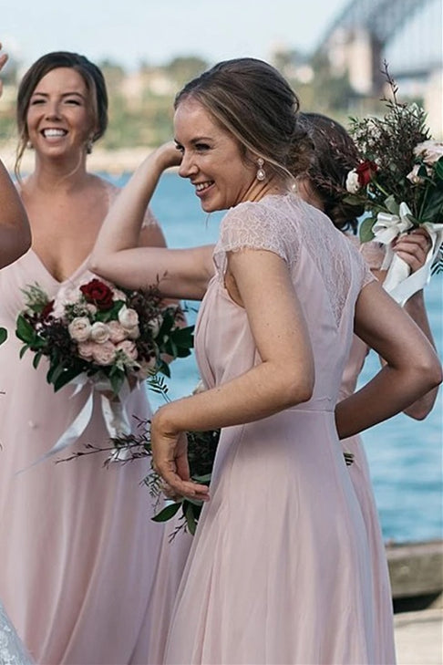 Elegant Long A-line Cap Sleeves Pink Bridesmaid Dress