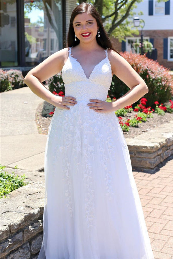 Elegant A-line Long Baby Blue Straps V-Neck Lace Prom Dress