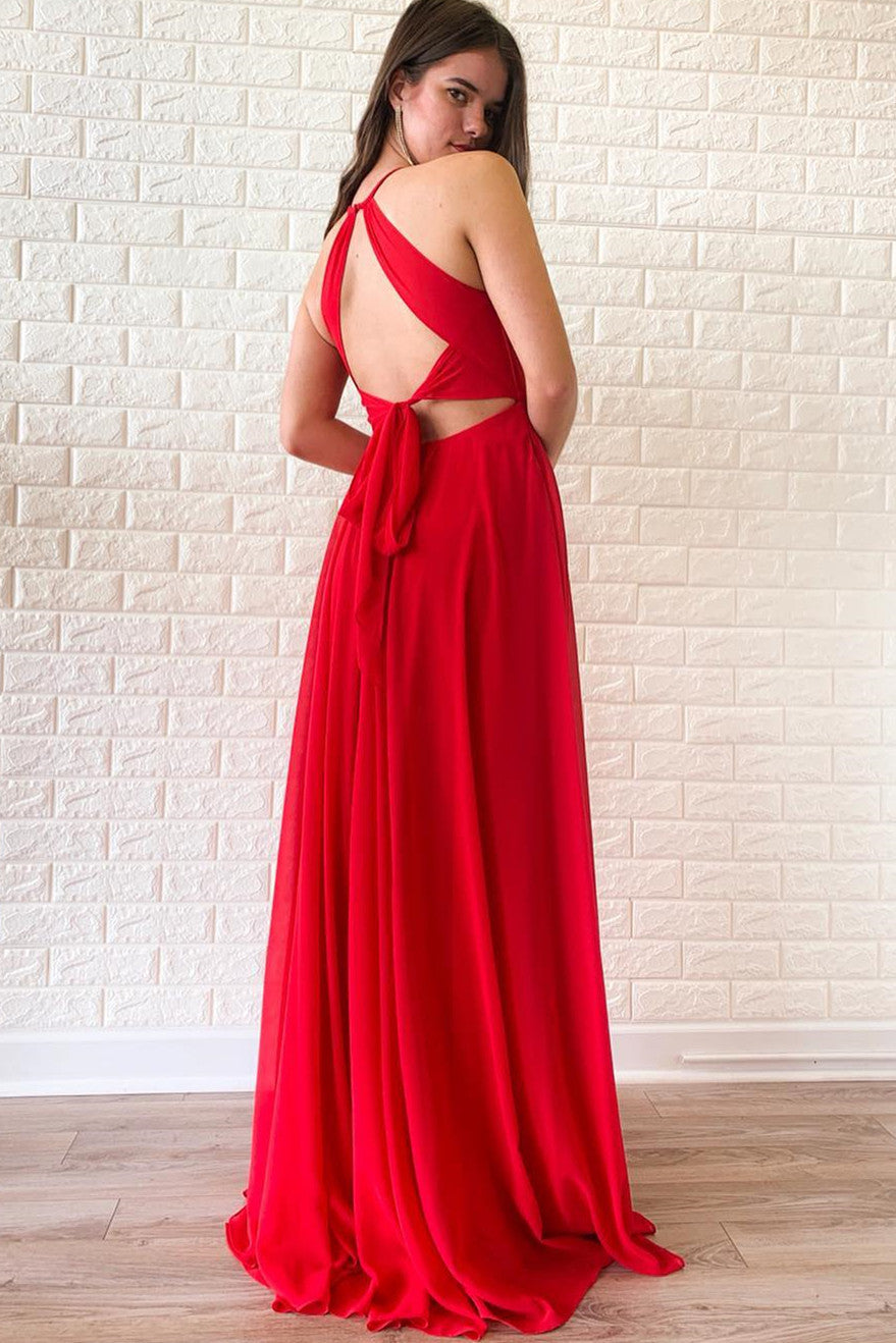 Simple Red Long Prom Dress with Tie Back