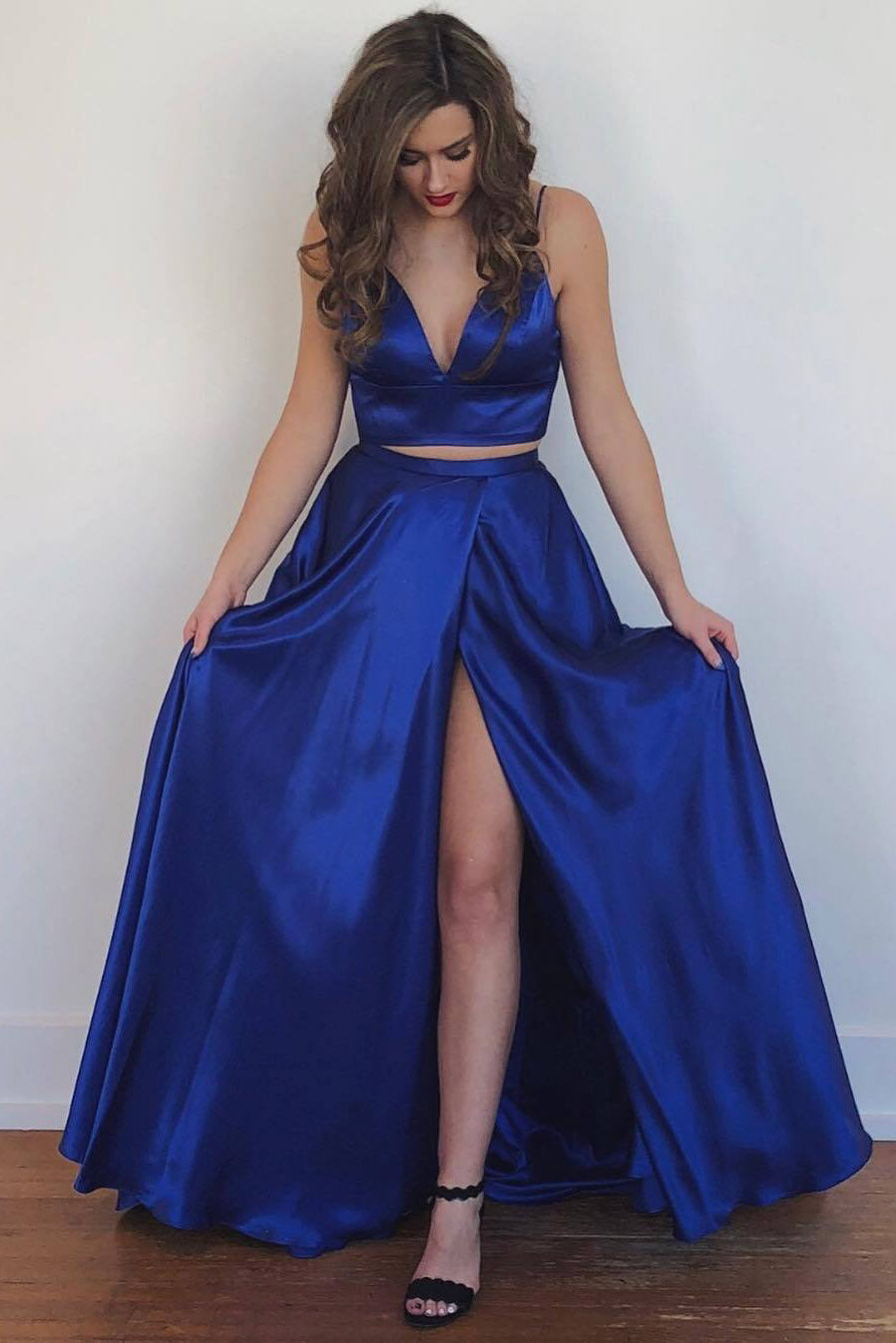 open lace back dress Royal Blue Two-Piece Satin Prom Dress with High Slit – FancyVestido