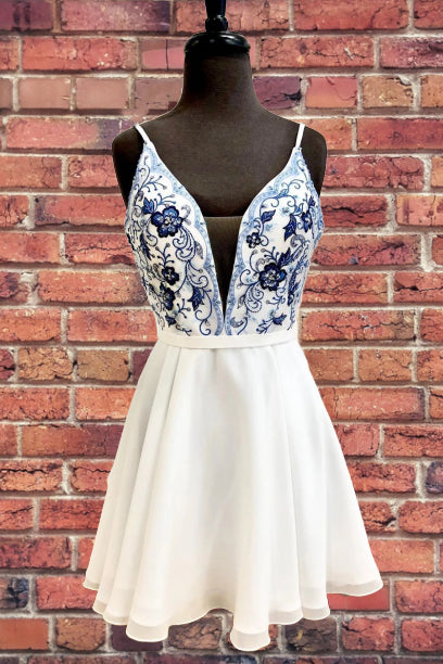 Straps Embroidery Homecoming Dress with Illusion V Inset FancyVestido Straps Embroidery Homecoming Dress with Illusion V Inset FancyVestido