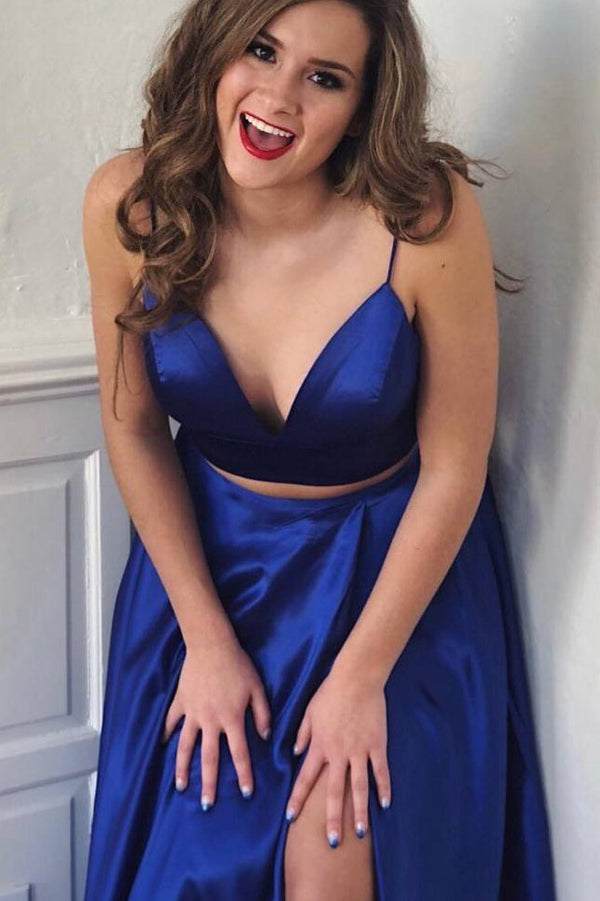 Royal Blue Two-Piece Satin Prom Dress with High Slit