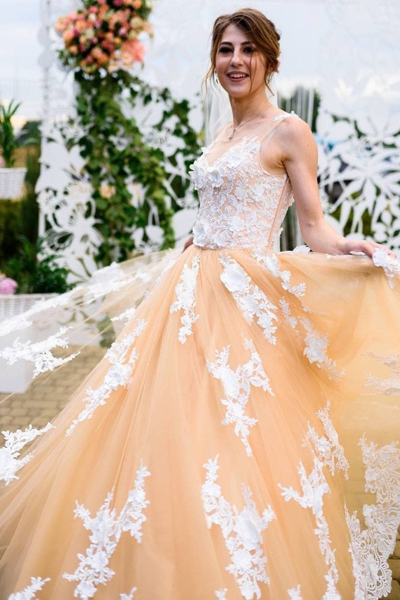 Princess Appliques Long Peach Prom Dress