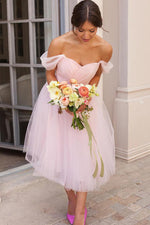 Off the Shoulder Pleated Tea Length Pink Bridesmaid Dress