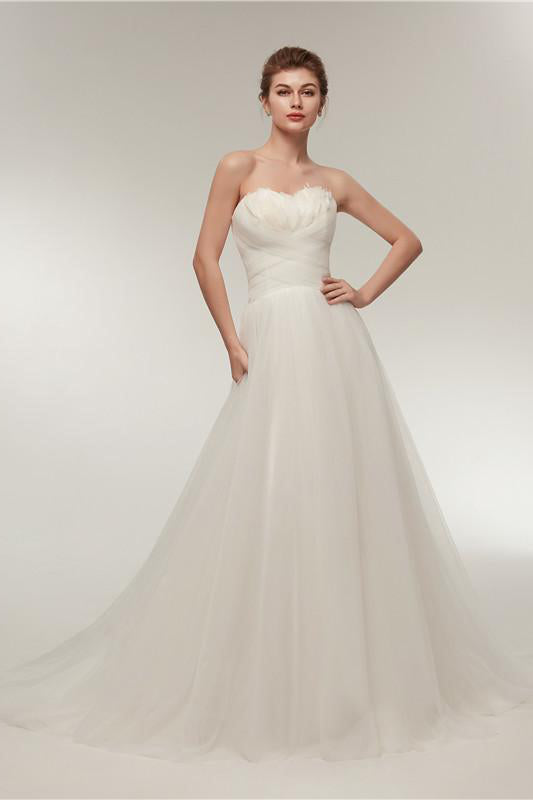 Princess Long Sweetheart A-line Ivory Wedding Dress with Feather