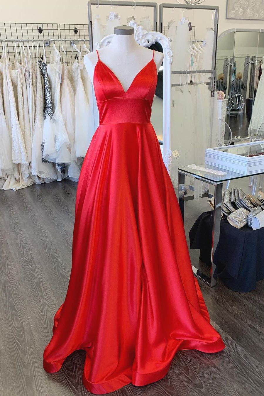 Simple Spaghetti Straps Red Long Prom Dress