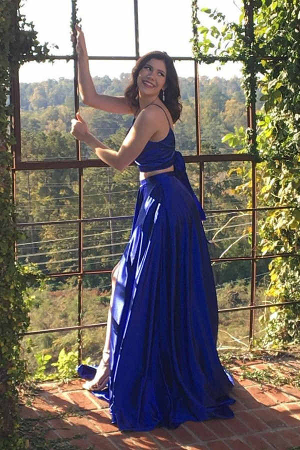 Royal Blue Two-Piece Satin Prom Dress with High Slit