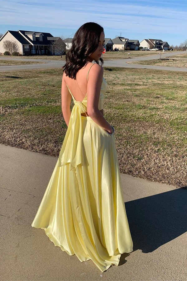 Royal Blue Two-Piece Satin Prom Dress with High Slit