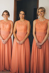 Long A-line Peach Bridesmaid Dress with Lace Appliques