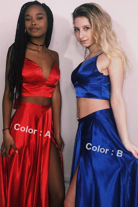 Royal Blue Two-Piece Satin Prom Dress with High Slit