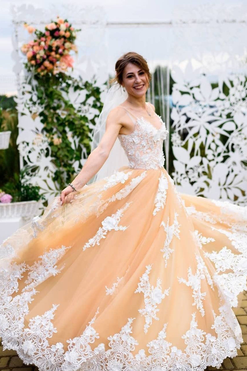 Princess Appliques Long Peach Prom Dress