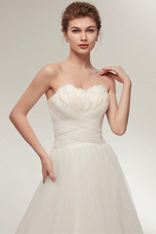 Princess Long Sweetheart A-line Ivory Wedding Dress with Feather
