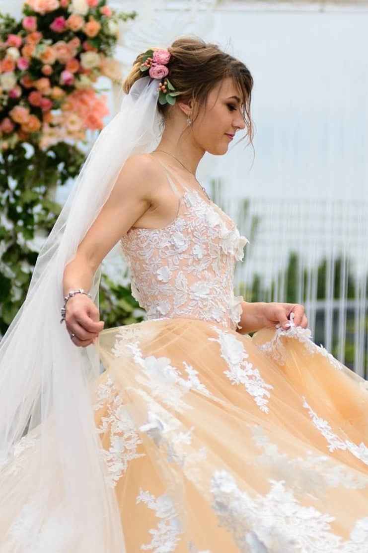 Princess Appliques Long Peach Prom Dress