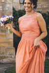 Long A-line Peach Bridesmaid Dress with Lace Appliques