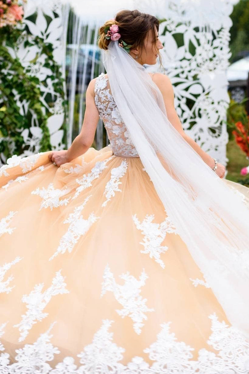 Princess Appliques Long Peach Prom Dress